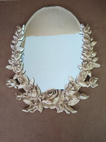 Vintage Syroco wood oval Hand Carved mirror 18" Cream Roses (no easel back) Cover