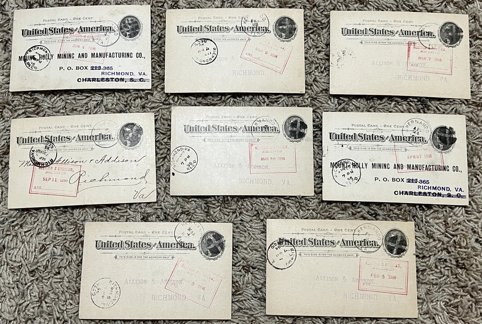 1896 LOT OF 8 FLORIDA PHOSPHATE POSTAL CARDS DAILY REPORTS, RED RECEIVED MARKS - Image 1 of 4