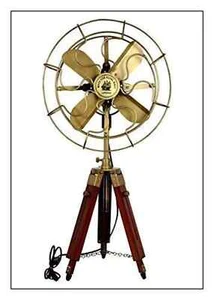 Tripod Table Fan Antique Brass Golden Nautical Adjustable Hight Vintage Look - Picture 1 of 10