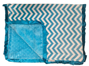 Minky Couture BLUE Chevron Baby Blanket Blue Satin Edge TWEEN 33" x 49" EUC