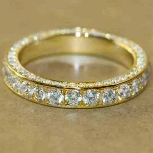 3Ct Round Natural Moissanite Eternity Wedding Band Ring 14K Yellow Gold Plated - Picture 1 of 7