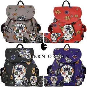 Sugar Skull Day of the Dead Backpack Daypack Women School Bag Biker Purse Wallet - Picture 1 of 46