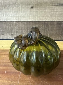 Art Glass Green Pumpkin Brown Swirl Stem Decorative Fall Halloween Thanksgiving - Picture 1 of 6