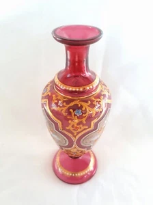 Antique Moser Cranberry Enameled Glass Vase - Picture 1 of 9