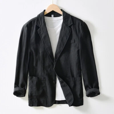 Mens Casual Jacket Formal Business Cotton Linen Two Button Slim Fit Suits Coat - Image 1 of 4