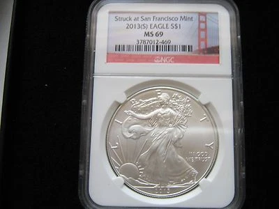 2013(S) Silver Eagle , San Francisco Mint , MS 69 , NGC , Certified Gift Boxed - Image 1 of 4