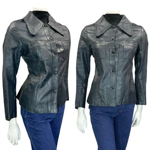 VTG 60S 70S DARK NAVY BLUE DOG EAR COLLAR SHORT LEATHER JACKET W POCKETS 8 - Picture 1 of 2