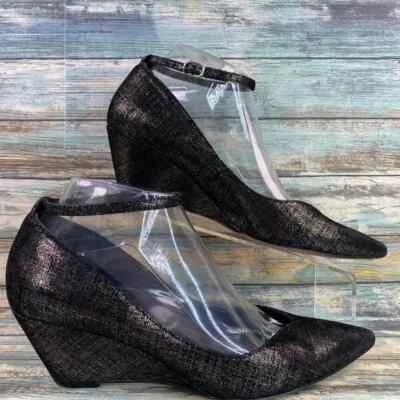 Belle Morrison Pumps Womens 7.5B Metallic Black Leather Wedge Heel Pointed Toe - Image 1 of 4