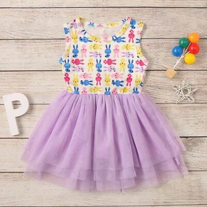 Toddler Baby Kids Girls Easter Rabbit Bunny Bow Tulle Patchwork Princess Dresses - Picture 1 of 11