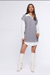 NEW/FOREVER 21/SWEATER-SHIRT-DRESS-VEST/2 IN 1/SZ.LARGE/GRAY-WHITE/KNIT/