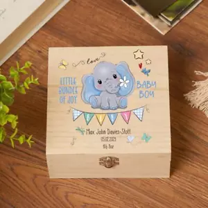 Personalised Wooden Baby Boy Keepsake Memory Box With Cute Elephant SHB-UV3 - Picture 1 of 2