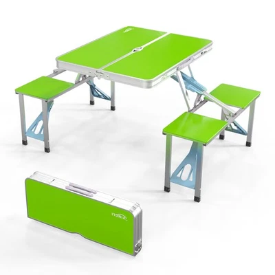 Mesa de picnic plegable portátil de camping de aleación de aluminio con juego de 4 asientos de silla Foto 1 de 4