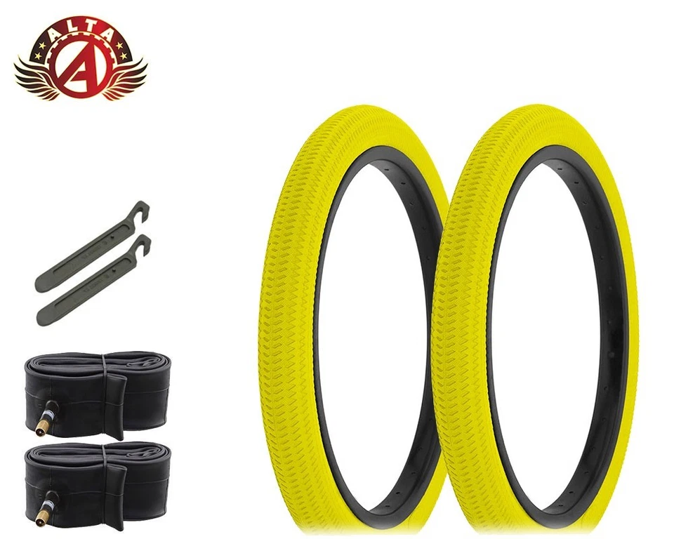 2 NEUMÁTICO DE CUENTAS DE ALAMBRE DE BICICLETA ALTA 18" X 1,95 AMARILLO BMX CON TUBOS Y PALANCA DE NEUMÁTICOS DE PALANCA Foto 1 de 1
