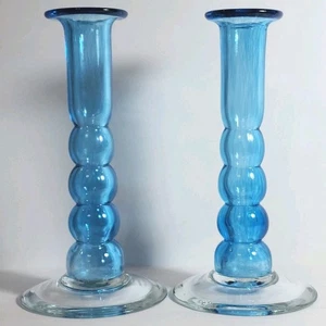2 aquablaue hohle Blase Kerzenständer mundgeblasen Kunstglas Vintage SIGNIERT EUC - Bild 1 von 7
