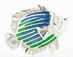 Woman’s Pin - 925 Starling Silver Exotic Fish Green & Blue Enamel - Pin Brooch - Picture 1 of 2