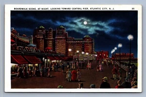Postcard Vtg New Jersey Boardwalk At Night Central Pier Atlantic City Moon - Picture 1 of 2