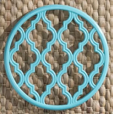 HOME BASICS Cast Iron Trivet -Moroccan Lattice - Turquoise Blue with Non-Slip Feet - New
