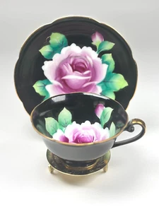 Schwarz m. rosa schwimmende Rose 1940-1949 handbemalt & Made in Japan Teetasse Set - Bild 1 von 10
