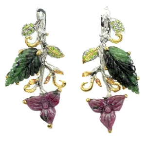 925 Sterling Silver Earrings Ruby Zoisite Carvings 24x13mm Gemstone Handmade - Picture 1 of 10
