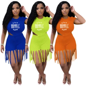 Stilvoll neu Damen Quaste Patchwork kurze Ärmel O-Ausschnitt Druck Freizeit Hose Set - Bild 1 von 11