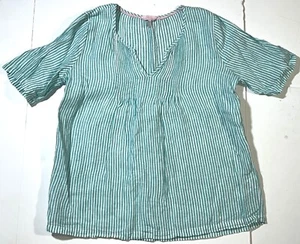 Joules Roxie Pucker Turquoise White Striped Pintuck Linen Blouse Shirt Top US 12 - Picture 1 of 10