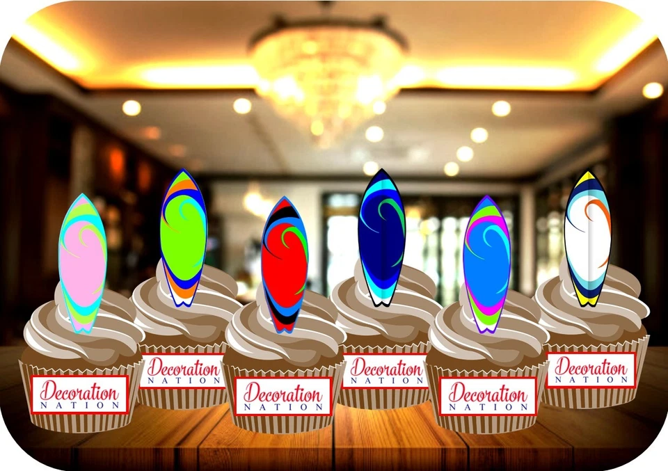 Surfboard Party Pack - 12 PREMIUM STAND UP Edible Wafer Cake Toppers Sea Surfing - Image 1 of 1
