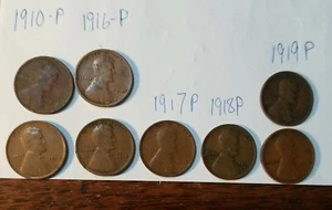 LINCOLN WHEAT PENNIES 1910 (2), 1916 (2), 1917, 1918, 1919 (2)  Philadelphia... - Picture 1 of 8