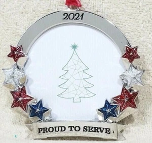 2021 CHRISTMAS TREE ORNAMENT PHOTO PICTURE FRAME PROUD TO SERVE CIRCLE 2.5" - Picture 1 of 12