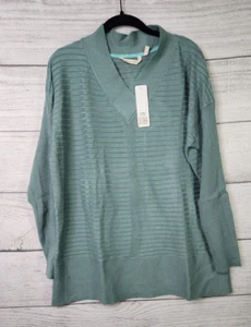 NWD Soft Surroundings Sweater Medium Womens Green Ribbed Crossover VNeck - Picture 1 of 11