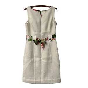 Milly Cream Wool Floral Silk Waist Tie Gold Buttons Sleeveless Sheath Dress 8 - Picture 1 of 5