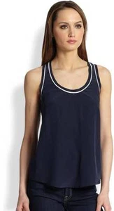 Joie Dark Navy Blue Porcelain White Corianne S/L Silk Racerback Top $138 NWT L - Picture 1 of 1