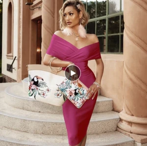 NEW OFF THE SHOULDER BARDOT BANDAGE DRESS MARGOT ROBBIE NAOMI DRESS MAGENTA PINK - Picture 1 of 9