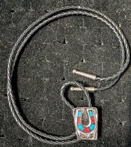 Silver Tone Red and Blue Chip Inlay Horseshoe Bolo Tie with Black Cord - Picture 1 of 2