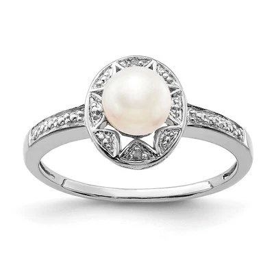 Sterling Silver Rhodium-plated Diamond & FW Cultured Pearl Ring Size 7 for Women - Image 1 of 4