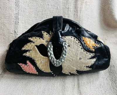 Bolso sin asas/bolso de mano vintage de cuero con retazos de los 80 multicolor/herrajes plateados Foto 1 de 4