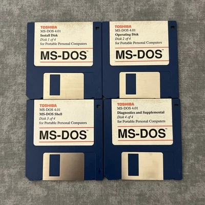 Lote de 4 disquetes de instalación Toshiba MS-DOS 4.01 para computadoras personales portátiles Foto 1 de 2