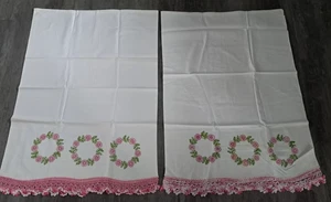 Vintage Pair White Pillowcases Embroidered Pink Floral Design Lace Trim 30"x21" - Picture 1 of 5