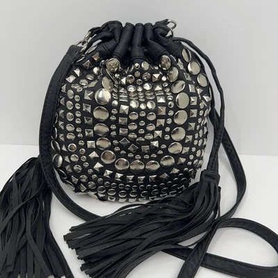 RIVER ISLAND Faux Leather Crossbody Bag Cinch Studs Biker Hippie Festival Purse - Image 1 of 4