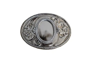 Vintage Western Belt Buckle Silver Tone Floral Engraved Oval Cowboy Made USA 80s - Picture 1 of 3