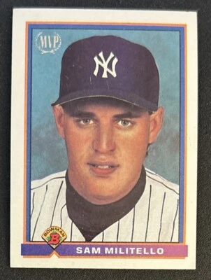 1991 Bowman Sam Militello MVP Baseball Rookie Card (RC) #693 Yankees Pitcher VG - Image 1 of 2