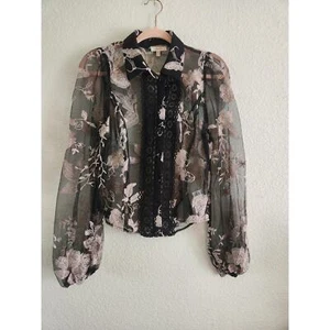 Peach Women's Sheer Embroidered Floral Button Up Blouse M - Picture 1 of 7
