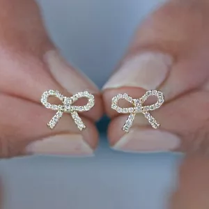 SI Clarity Studded Natural Diamond Tiny Bow Studs Earrings Solid 14K Yellow Gold - Picture 1 of 11