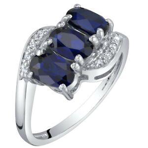 14K White Gold Lab-Created Blue Sapphire and Diamond Ring 1.50 cts Oval Shape