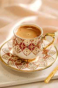 2 Person Porcelain Turkish Coffee Cup Set - 4 Pieces - Elegant Gold and Red Mot - Picture 1 of 4