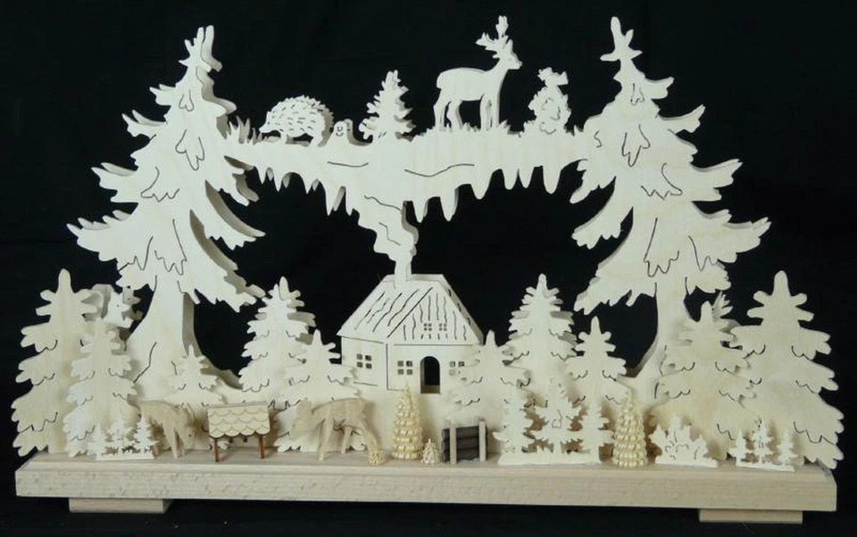 SCHWIBBOLA HOLZKUNST AUS DEM ERZGEBIRGE Schwibbogen el. Beleuchtet Futterkrippe B x H= 50x30cm NEU Lichterbogen Holz