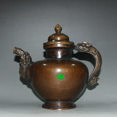 Raro conjunto de latón antiguo de China piedras preciosas patrón de dragón olla de alcohol Foto 1 de 4