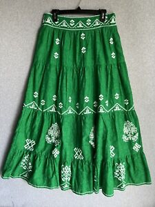 Anthropologie Womens Embroidered Mitra Peasant Green Maxi Skirt Size 12