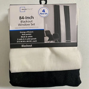 Mainstays Twill Blackout Rod Pocket 4 Piece Curtain Set Black & White 84" - Picture 1 of 4