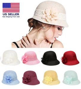 1920's Inspired Women's Gatsby Linen Cloche Hat With Lace Band and Flower - Picture 1 of 28