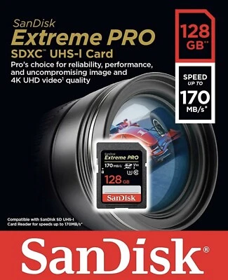 SanDisk 128GB Extreme PRO SD SDXC Card 170MBs Class 10 UHS-1 (4K Memory) V3 - Image 1 of 4